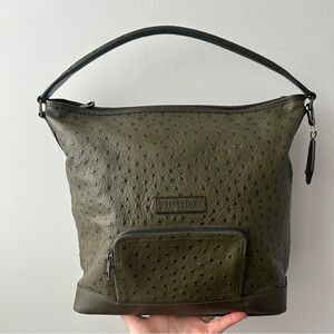 Longchamp Ostrich-Embossed Leather Zipper Top Hobo Shoulder bag in olive